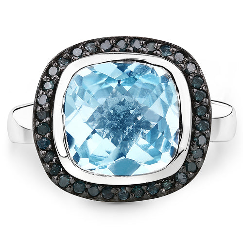 Bids.com 5.23 Carat Genuine Swiss Blue Topaz and Black Diamond .925 Sterling Silver Ring Rings White Smoke size 6.00,size 7.00,size 8.00,size 9.00,size 5.00