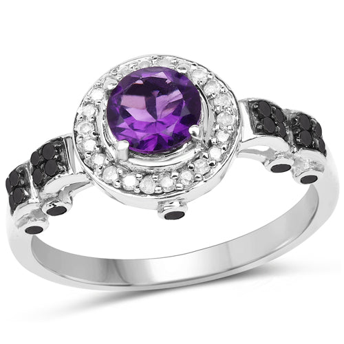 Bids.com 1.02 Carat Genuine Amethyst, Black Diamond & White Diamond .925 Sterling Silver Ring Rings White Smoke size 6.00,size 7.00,size 8.00,size 9.00,size 5.00,size 10.00