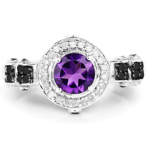 Bids.com 1.02 Carat Genuine Amethyst, Black Diamond & White Diamond .925 Sterling Silver Ring Rings White Smoke size 6.00,size 7.00,size 8.00,size 9.00,size 5.00,size 10.00