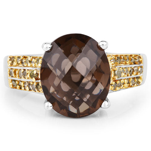 Bids.com 4.87 Carat Genuine Smoky Quartz and Yellow Diamond .925 Sterling Silver Ring Rings White Smoke size 9.00,size 6.00,size 7.00,size 8.00,size 5.00