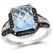Bids.com 4.33 Carat Genuine Swiss Blue Topaz, Champagne Diamond & White Diamond .925 Sterling Silver Ring Rings White Smoke size 6.00,size 7.00,size 9.00,size 8.00,size 5.00,size 10.00