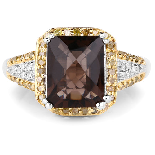 Bids.com 3.48 Carat Genuine Smoky Quartz, Yellow Diamond and White Diamond .925 Sterling Silver Ring Rings White Smoke size 6.00,size 7.00,size 8.00,size 5.00,size 9.00,size 10.00