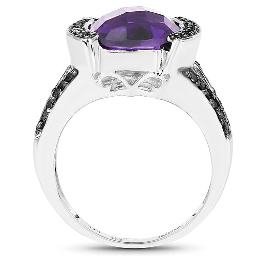Bids.com 3.24 Carat Genuine Amethyst & Black Diamond .925 Sterling Silver Ring Rings White Smoke size 6.00,size 7.00,size 8.00,size 6.50,size 9.00,size 5.00,size 10.00