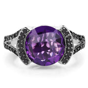 Bids.com 3.24 Carat Genuine Amethyst & Black Diamond .925 Sterling Silver Ring Rings White Smoke size 6.00,size 7.00,size 8.00,size 6.50,size 9.00,size 5.00,size 10.00
