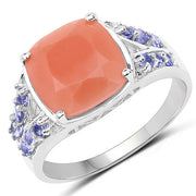Bids.com 3.97 Carat Genuine Peach Moonstone and Tanzanite .925 Sterling Silver Ring Rings White Smoke size 7.00,size 6.00,size 8.00,size 9.00