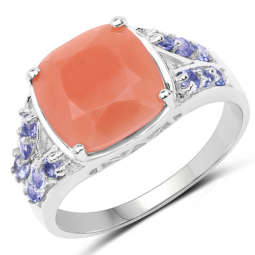 Bids.com 3.97 Carat Genuine Peach Moonstone and Tanzanite .925 Sterling Silver Ring Rings White Smoke size 7.00,size 6.00,size 8.00,size 9.00