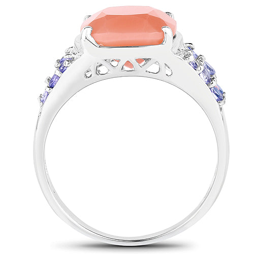 Bids.com 3.97 Carat Genuine Peach Moonstone and Tanzanite .925 Sterling Silver Ring Rings White Smoke size 7.00,size 6.00,size 8.00,size 9.00