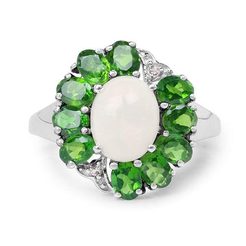 Bids.com 2.93 Carat Genuine Ethiopian Opal, Chrome Diopside & White Topaz .925 Sterling Silver Ring Rings White Smoke size 7.00,size 6.00,size 8.00,size 9.00,size 5.00,size 10.00