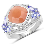 Bids.com 4.67 Carat Genuine Peach Moonstone and Tanzanite .925 Sterling Silver Ring Rings White Smoke size 7.00,size 6.00,size 8.00,size 9.00