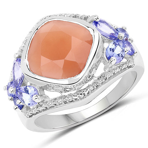 Bids.com 4.67 Carat Genuine Peach Moonstone and Tanzanite .925 Sterling Silver Ring Rings White Smoke size 7.00,size 6.00,size 8.00,size 9.00