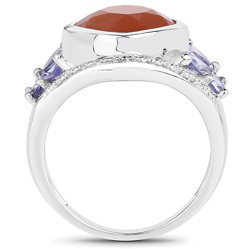 Bids.com 4.67 Carat Genuine Peach Moonstone and Tanzanite .925 Sterling Silver Ring Rings White Smoke size 7.00,size 6.00,size 8.00,size 9.00