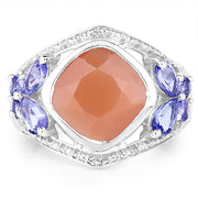 Bids.com 4.67 Carat Genuine Peach Moonstone and Tanzanite .925 Sterling Silver Ring Rings White Smoke size 7.00,size 6.00,size 8.00,size 9.00