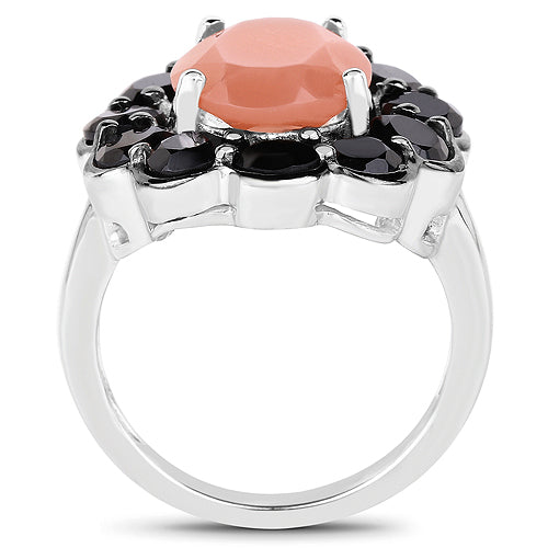 Bids.com 7.88 Carat Genuine Peach Moonstone and Black Spinel .925 Sterling Silver Ring Rings White Smoke size 8.00,size 9.00,size 6.00,size 7.00