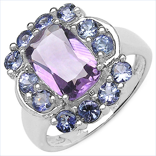 Bids.com 3.30 Carat Genuine Amethyst and Tanzanite .925 Sterling Silver Ring Rings White Smoke size 7.00,size 6.00,size 8.00