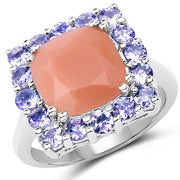 Bids.com 6.70 Carat Genuine Peach Moonstone and Tanzanite .925 Sterling Silver Ring Rings White Smoke size 7.00,size 8.00,size 9.00,size 6.00