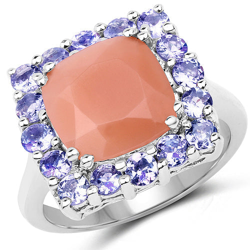 Bids.com 6.70 Carat Genuine Peach Moonstone and Tanzanite .925 Sterling Silver Ring Rings White Smoke size 7.00,size 8.00,size 9.00,size 6.00