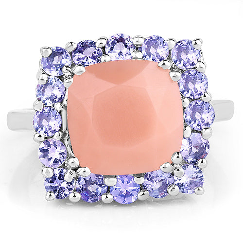 Bids.com 6.70 Carat Genuine Peach Moonstone and Tanzanite .925 Sterling Silver Ring Rings White Smoke size 7.00,size 8.00,size 9.00,size 6.00