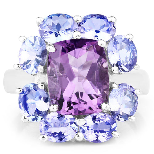 Bids.com 5.24 Carat Genuine Amethyst & Tanzanite .925 Sterling Silver Ring Rings White Smoke size 7.00,size 8.00,size 6.00,size 9.00