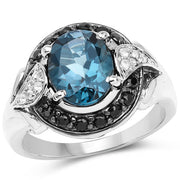 Bids.com 4.27 Carat Genuine London Blue Topaz, Black Spinel & White Topaz .925 Sterling Silver Ring Rings White Smoke size 6.00,size 7.00,size 8.00,size 5.00,size 9.00