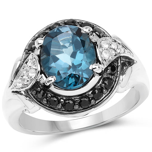 Bids.com 4.27 Carat Genuine London Blue Topaz, Black Spinel & White Topaz .925 Sterling Silver Ring Rings White Smoke size 6.00,size 7.00,size 8.00,size 5.00,size 9.00
