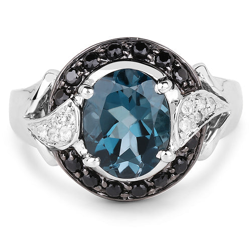 Bids.com 4.27 Carat Genuine London Blue Topaz, Black Spinel & White Topaz .925 Sterling Silver Ring Rings White Smoke size 6.00,size 7.00,size 8.00,size 5.00,size 9.00