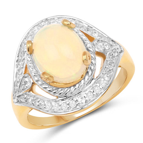 Bids.com 14K Yellow Gold Plated 1.88 Carat Genuine Ethiopian Opal and White Topaz .925 Sterling Silver Ring Rings White Smoke size 8.00,size 6.00,size 7.00,size 9.00,size 5.00,size 10.00