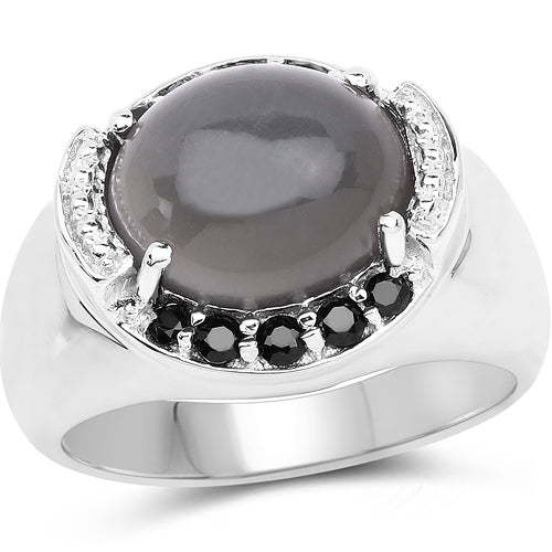 Bids.com 5.68 Carat Genuine Grey Moonstone & Black Spinel .925 Sterling Silver Ring Rings White Smoke size 7.00,size 6.00,size 8.00,size 5.00,size 9.00,size 10.00
