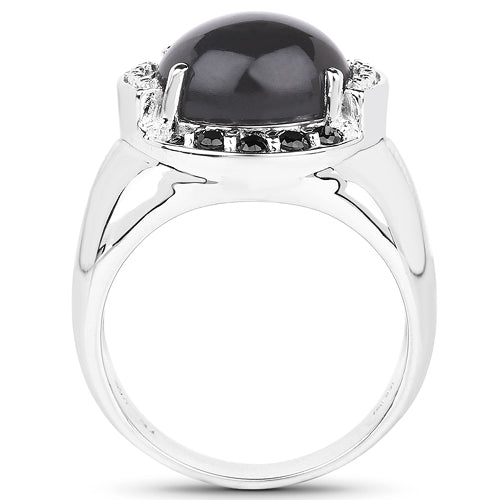 Bids.com 5.68 Carat Genuine Grey Moonstone & Black Spinel .925 Sterling Silver Ring Rings White Smoke size 7.00,size 6.00,size 8.00,size 5.00,size 9.00,size 10.00