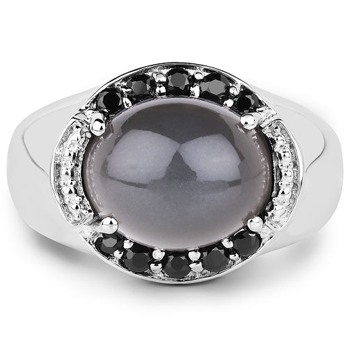 Bids.com 5.68 Carat Genuine Grey Moonstone & Black Spinel .925 Sterling Silver Ring Rings White Smoke size 7.00,size 6.00,size 8.00,size 5.00,size 9.00,size 10.00