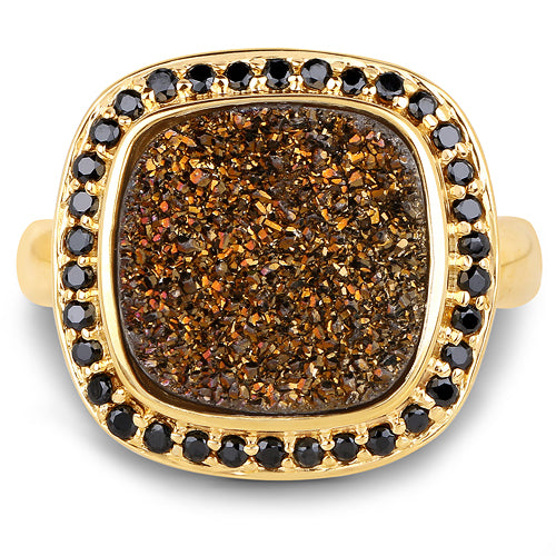 Bids.com 14K Yellow Gold Plated 6.19 Carat Genuine Drusy Quartz and Black Spinel .925 Sterling Silver Ring Rings White Smoke size 7.00,size 6.00,size 8.00,size 9.00