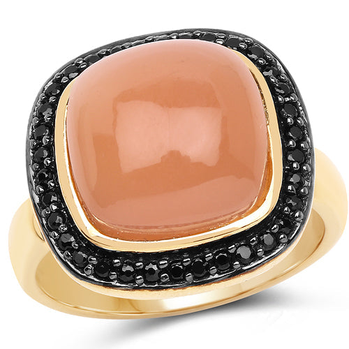 Bids.com 14K Yellow Gold Plated 7.50 ct. t.w. Peach Moonstone and Black Spinel Ring in Sterling Silver Rings White Smoke size 6.00,size 7.00,size 8.00,size 9.00