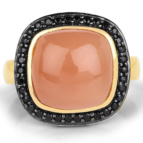 Bids.com 14K Yellow Gold Plated 7.50 ct. t.w. Peach Moonstone and Black Spinel Ring in Sterling Silver Rings White Smoke size 6.00,size 7.00,size 8.00,size 9.00