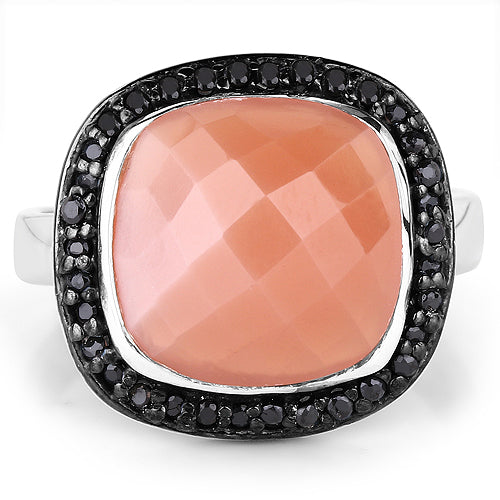 Bids.com 6.46 Carat Genuine Peach Moonstone and Black Spinel .925 Sterling Silver Ring Rings White Smoke size 7.00,size 8.00,size 9.00,size 6.00