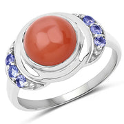 Bids.com 3.01 Carat Genuine Peach Moonstone and Tanzanite .925 Sterling Silver Ring Rings White Smoke size 7.00,size 9.00,size 6.00,size 8.00