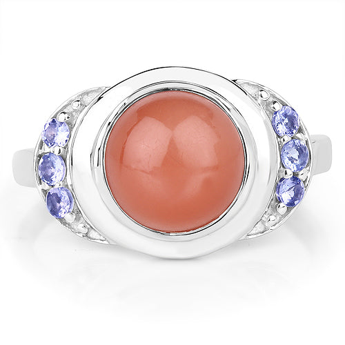 Bids.com 3.01 Carat Genuine Peach Moonstone and Tanzanite .925 Sterling Silver Ring Rings White Smoke size 7.00,size 9.00,size 6.00,size 8.00