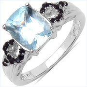Bids.com 1.92 Carat Genuine Aquamarine & Black Spinel .925 Sterling Silver Ring Rings White Smoke size 7.00,size 6.00,size 8.00,size 9.00