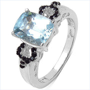 Bids.com 1.92 Carat Genuine Aquamarine & Black Spinel .925 Sterling Silver Ring Rings White Smoke size 7.00,size 6.00,size 8.00,size 9.00