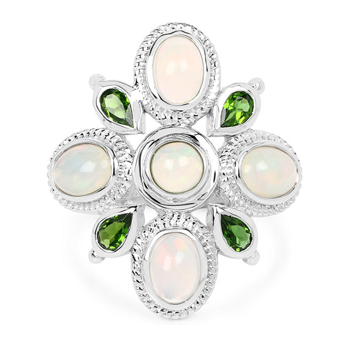 Bids.com 2.97 Carat Genuine Ethiopian Opal And Chrome Diopside .925 Sterling Silver Ring Rings White Smoke size 7.00,size 6.00,size 8.00,size 5.00,size 9.00,size 10.00