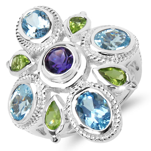 Bids.com 5.13 Carat Genuine Amethyst , Blue Topaz & Peridot .925 Sterling Silver Ring Rings White Smoke size 6.00,size 7.00,size 8.00,size 9.00
