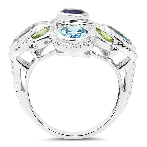 Bids.com 5.13 Carat Genuine Amethyst , Blue Topaz & Peridot .925 Sterling Silver Ring Rings White Smoke size 6.00,size 7.00,size 8.00,size 9.00