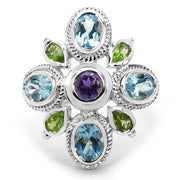Bids.com 5.13 Carat Genuine Amethyst , Blue Topaz & Peridot .925 Sterling Silver Ring Rings White Smoke size 6.00,size 7.00,size 8.00,size 9.00