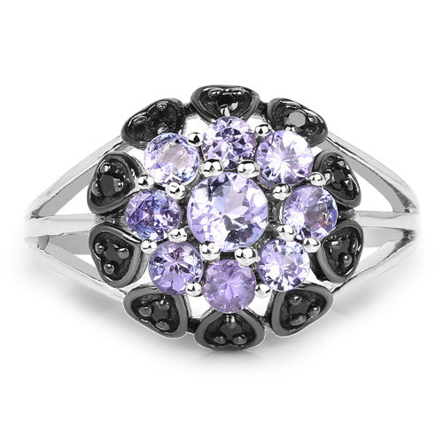 Bids.com 1.18 Carat Genuine Tanzanite and Black Spinel .925 Sterling Silver Ring Rings White Smoke size 7.00,size 6.00,size 8.00,size 9.00