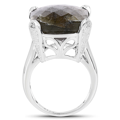 Bids.com 17.17 Carat Genuine Labradorite and White Topaz .925 Sterling Silver Ring Rings White Smoke size 6.00,size 7.00,size 8.00,size 5.00,size 9.00
