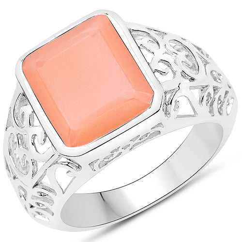 Bids.com 5.75 Carat Genuine Peach Moonstone .925 Sterling Silver Ring Rings White Smoke size 7.00,size 8.00,size 9.00,size 6.00