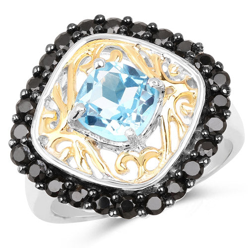 Bids.com Two Tone Plated 2.85 Carat Genuine Swiss Blue Topaz and Black Spinel .925 Sterling Silver Ring Rings White Smoke size 7.00,size 8.00,size 9.00,size 6.00