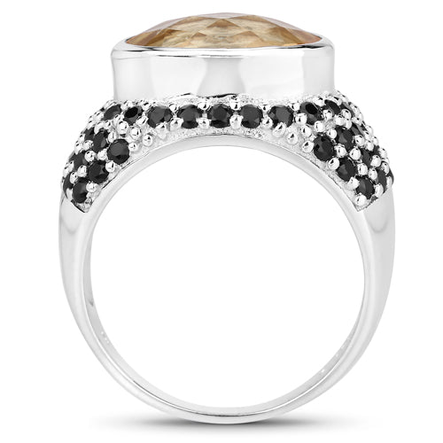 Bids.com 6.76 Carat Genuine Citrine and Black Spinel .925 Sterling Silver Ring Rings White Smoke size 9.00,size 5.00,size 6.00,size 7.00,size 8.00