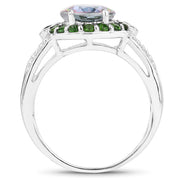 Bids.com 3.92 Carat Genuine Rainbow Quartz and Chrome Diopside .925 Sterling Silver Ring Rings White Smoke size 6.00,size 5.00,size 7.00,size 8.00,size 9.00