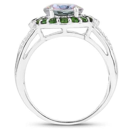 Bids.com 3.92 Carat Genuine Rainbow Quartz and Chrome Diopside .925 Sterling Silver Ring Rings White Smoke size 6.00,size 5.00,size 7.00,size 8.00,size 9.00