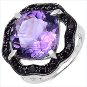 Bids.com 6.09 Carat Genuine Amethyst & Black Spinel .925 Sterling Silver Ring Rings White Smoke size 7.00,size 6.00,size 8.00,size 9.00