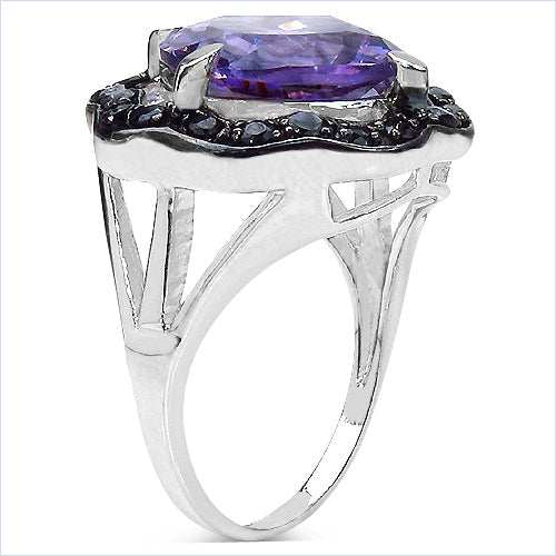 Bids.com 6.09 Carat Genuine Amethyst & Black Spinel .925 Sterling Silver Ring Rings White Smoke size 7.00,size 6.00,size 8.00,size 9.00